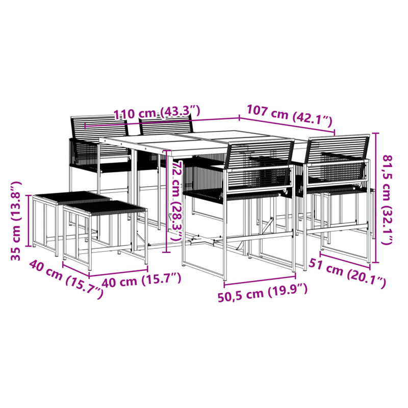 8 - Person Patio Dining Set Rectangular Table, Black, Black, Black