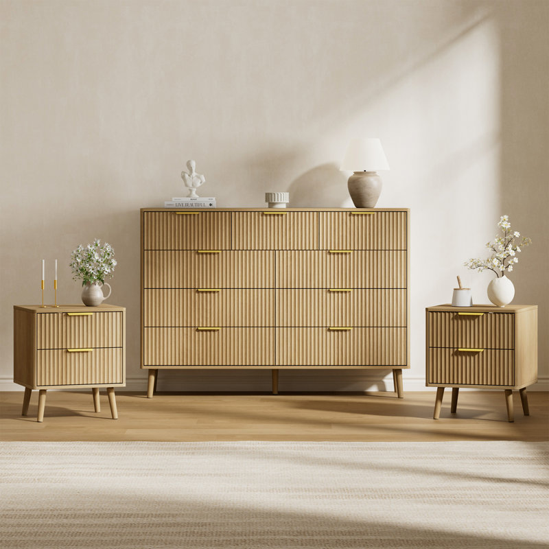 Ensemble de chambre à coucher 3 pièces (1 commode + 2 tables de chevet) (ensemble de 3), Chêne