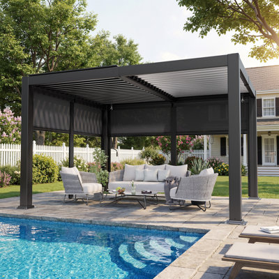 12 ft. W x 10 ft. D Aluminum Pergola With Adjustable Louvered Roof With 2 Retractable Shade Canopy