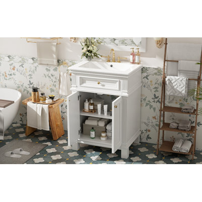 24 Inch Vintage Style Bathroom Vanity with Ceramic Sink, Elegant Bathroom Cabinet Featuring Soft Closing Doors and Adjustable Internal Shelf for Restroom Storage