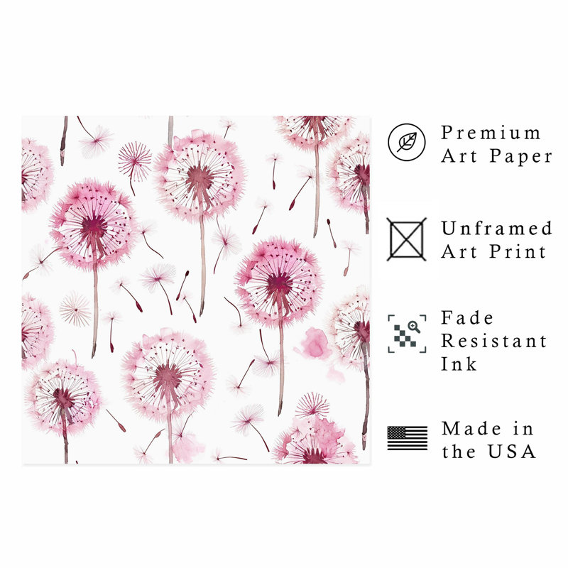 «Botanical Pink Dandelions VI», reproduction d'art moderne sans cadre, H 28 po x l 28 po
