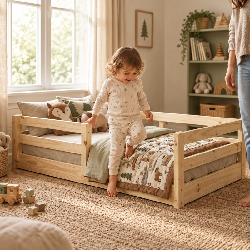 Montessori Toddler Floor Bed - Solid Wood House Frame, No Box Spring Needed, Natural