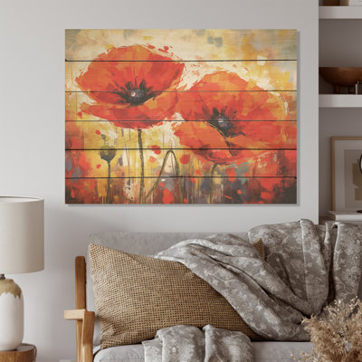 Rêves éclatants de coquelicots rouges et jaunes - coquelicots, art sur bois de pin naturel
