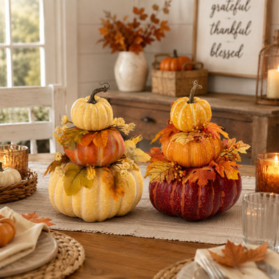 2‑Pack 3‑Tier Stacked Faux Halloween Pumpkin Decor, Foam Pumpkin Fall Porch Decor with Maple Leaves, Assorted Autumn Porch Ornaments, Indoor Outdoor Fall Decor for Tabletop Mantel Seasonal Home Decoration