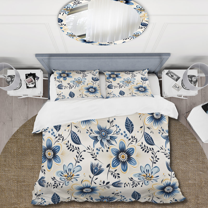 Ensemble de housse de couette Antique Blue Graceful Flowers, Housse de couette pour très grand lit et 2 très