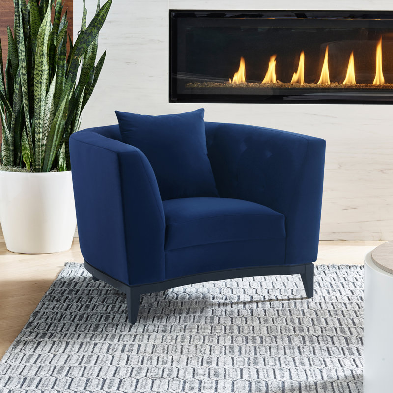 Fauteuil d'appoint rembourré en velours avec base en bois noir Ziggy, Polyester bleu