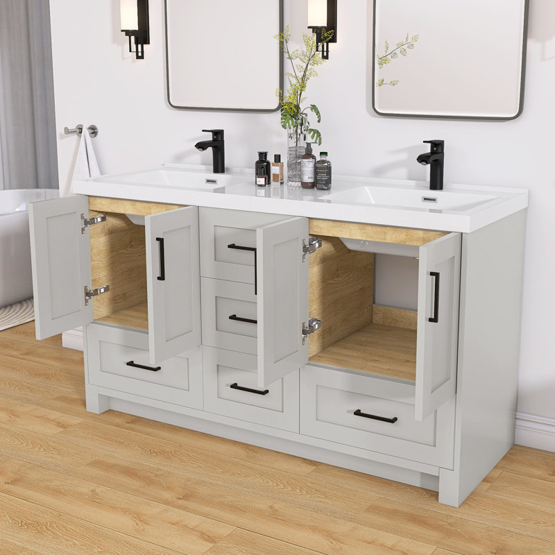 Ensemble de meuble-lavabo autoportant à double cuve en bois massif avec plateau de rangement blanc avec dessus de comptoir en bois massif routenberg
