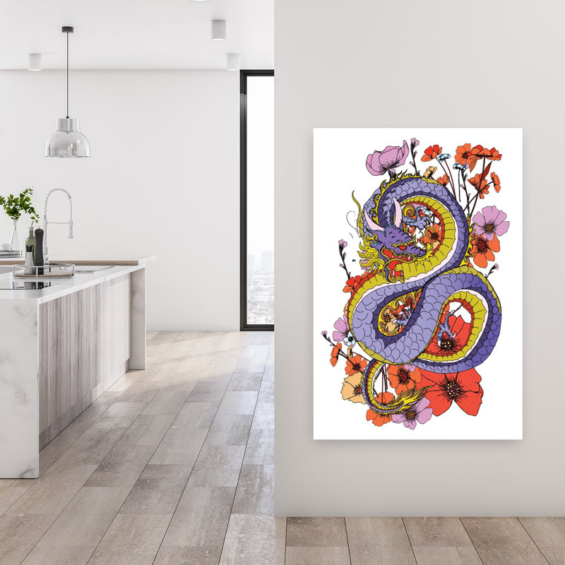 «Vibrant Floral Dragon», art animalier contemporain et coloré, H 48 po x l 32 po