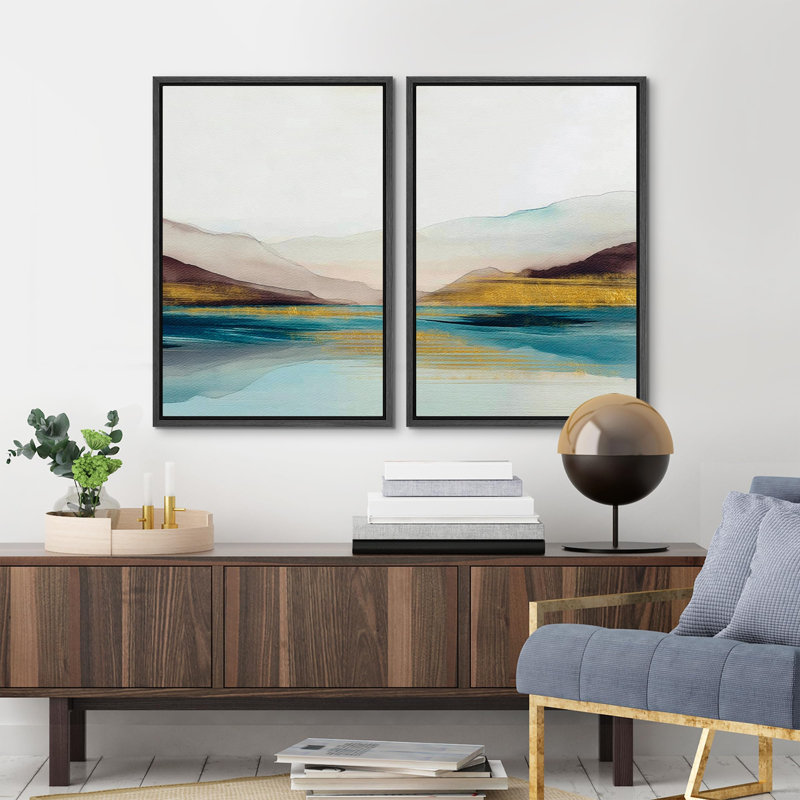 «Mid-Century Modern Brown Abstract Polygon», 2 pièces sur toile, Cadre noir, H 36 po x l 24 po