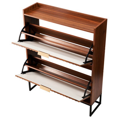 Fluted Walnut Shoe Cabinet, Mid - Century Design, 2 Flip Drawers, Space Saving, Adjustable Shelves, For Living Room Freestanding Cabinet In Style, Entrance