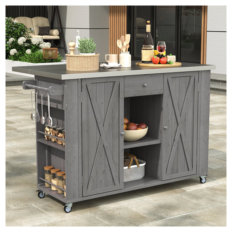 Outdoor Kitchen Island with Stainless Steel Top - Fir Wood Patio Cooking Station with Ample Storage, Towel/Spice Racks and Lockable Wheels, Grey