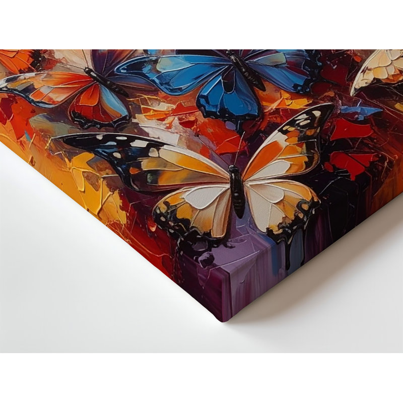 "Vivid Composition" de papillons multiples dans une explosion de couleurs principalement vives, art mural sur toile de qualité supérieure, prêt à être accroché