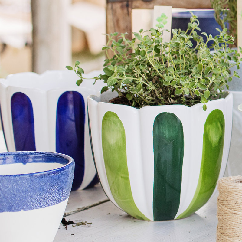 Viva Garden Handmade Planter, White/Cobalt, 6" H x 8" W x 8" D