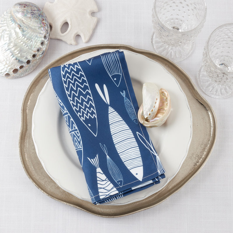 Navy Blue Fish Design Cotton Table Napkins, 20 in, Set of 4