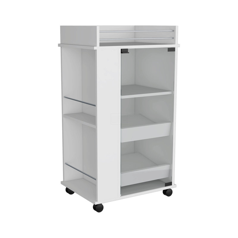 Chariot-bar avec porte vitrée, 2 tablettes latérales et roulettes, Blanc