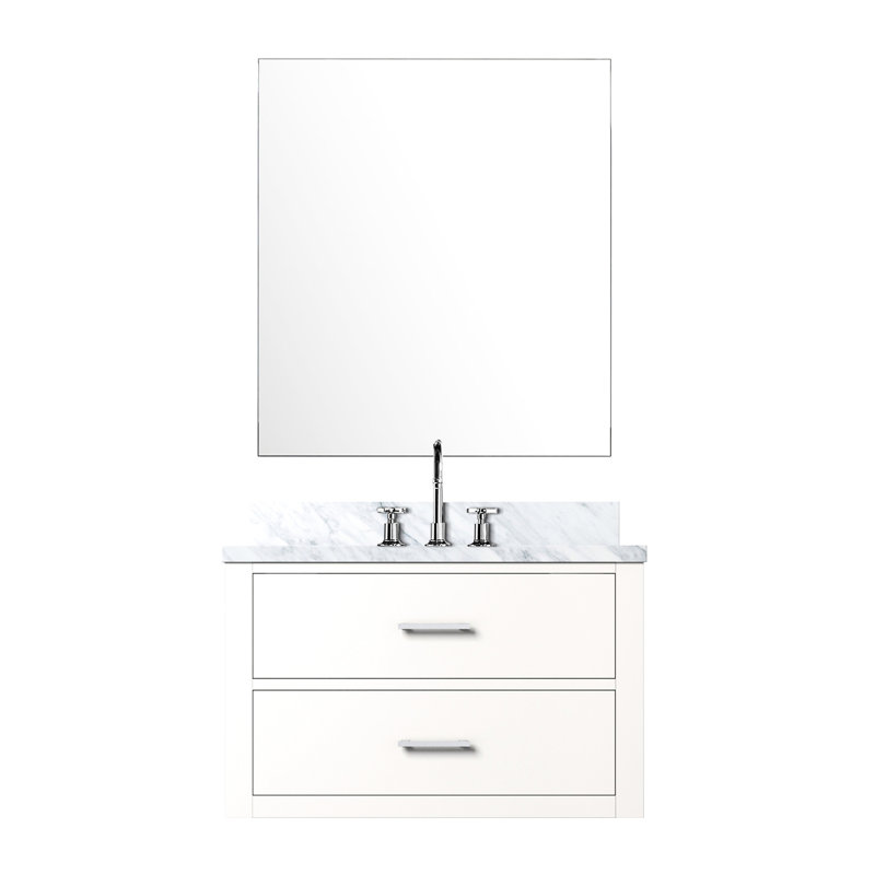 Meuble-lavabo blanc 30 po X P 22 po, marbre, robinet, miroir simple 30 x 22, comptoir en marbre,, Blanc