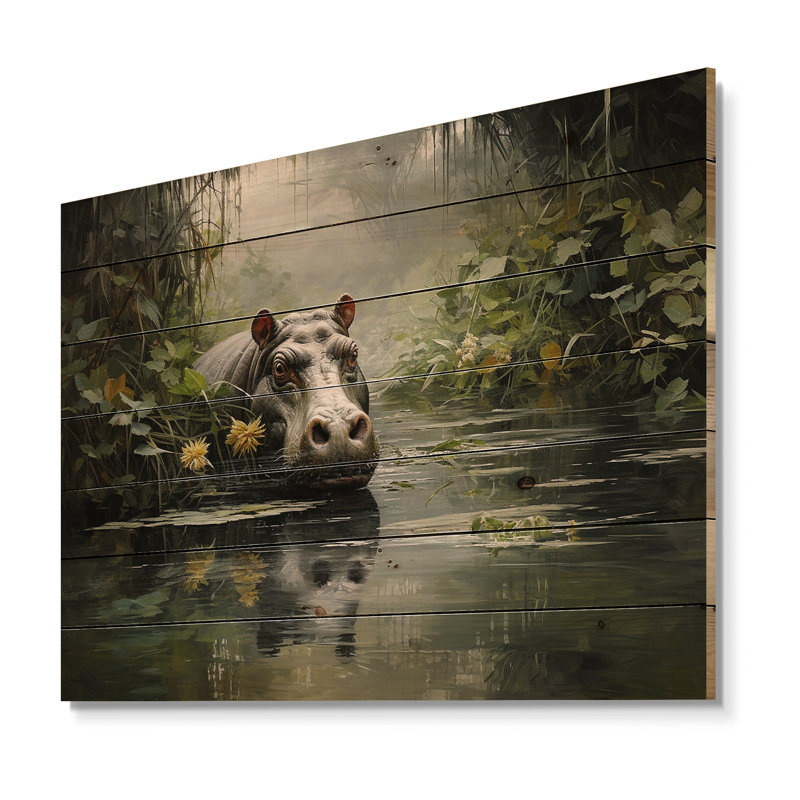 Hippopotame secret Hippo II - Hippopotame sur bois, H 10 po x l 20 po x P 0,78 po