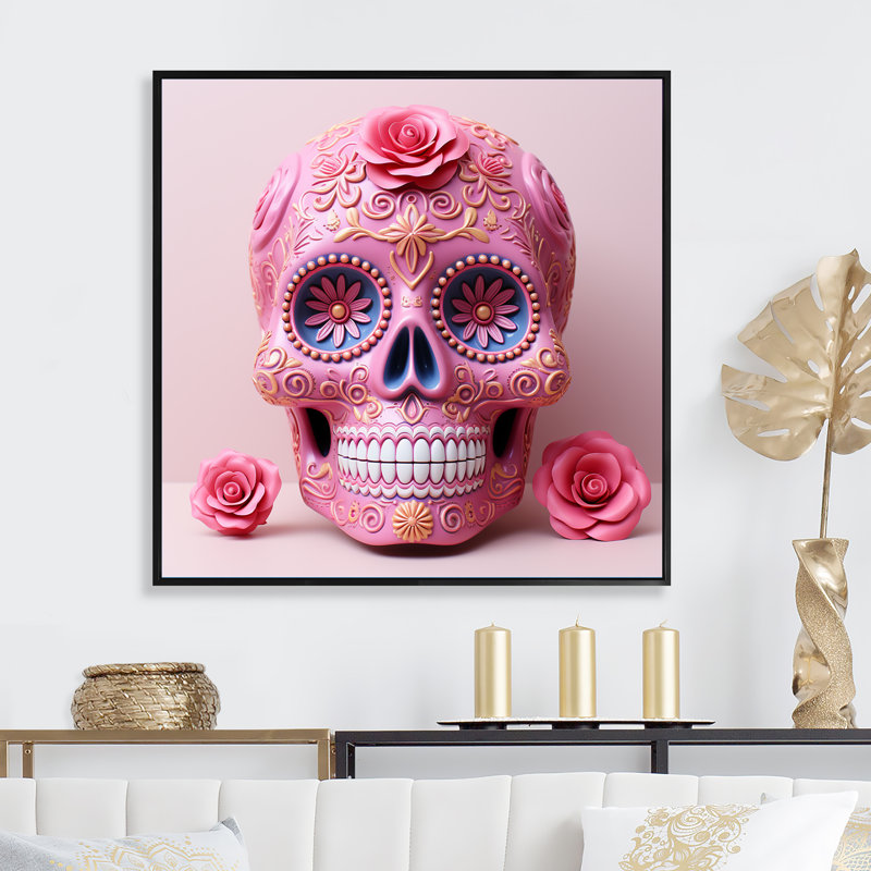 Tête d'art mexicain La Calavera, Cadre flottant noir, H 16 po x l 16 po x P 1 po