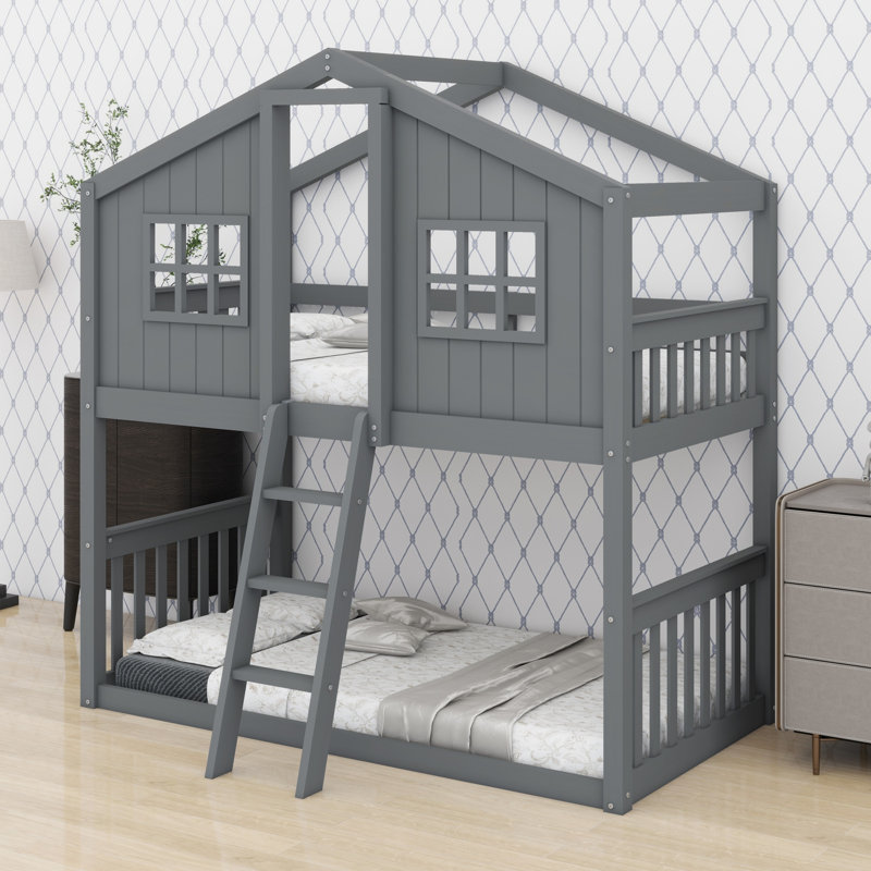 House Bunk Bed With Ladder, Wood Bed, Grey
