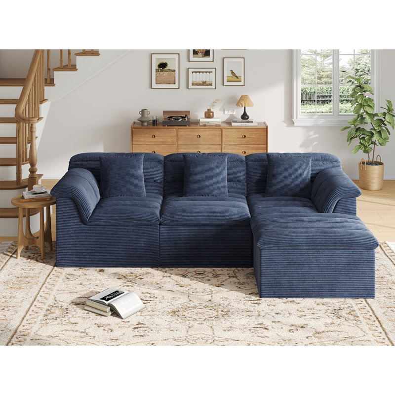 Boneless 112" Modular Cloud Sectional Couch with Ottoman, No Assembly Required Upholstery Sofa, Blue