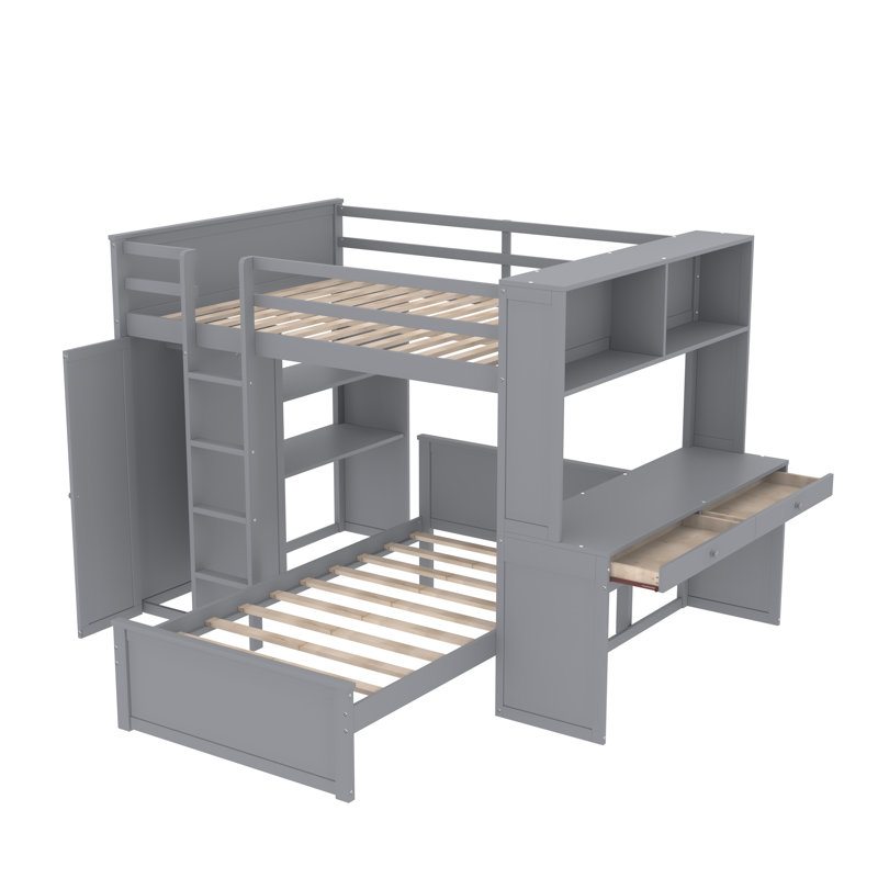 Lit mezzanine avec lit simple Hentrich, tablettes, bureau et garde-robe Hentrich, gris
