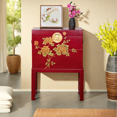 Hand-Painted Red Solid Wood Small Accent Trunk