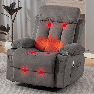 Fauteuil inclinable pivotant à bascule de 96 cm de large avec massage vibrant et chauffage, fauteuil ergonomique avec fonction bascule, poche latérale et porte-gobelets, brun
