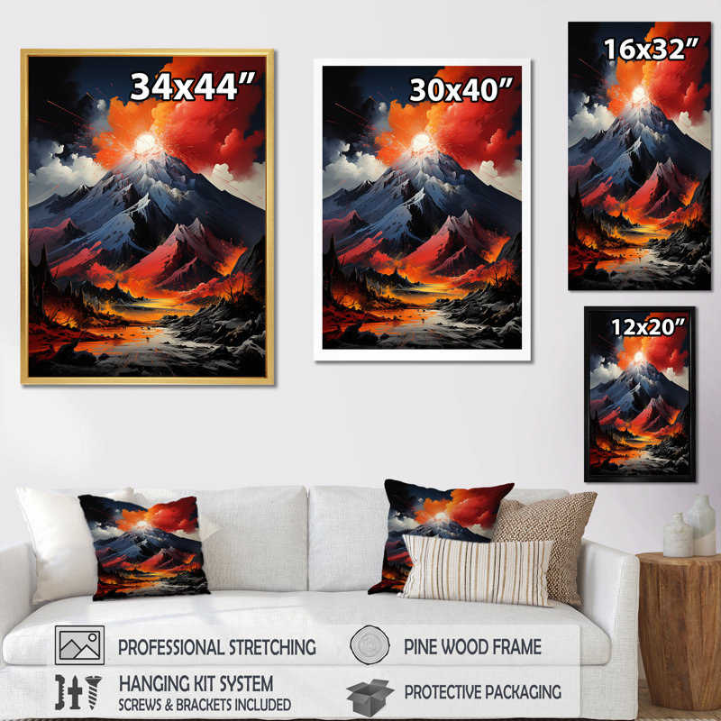 Volcan Explosion volcanique clair de lune I, H 44 po x l 34 po x P 1,5 po, Cadre flottant noir