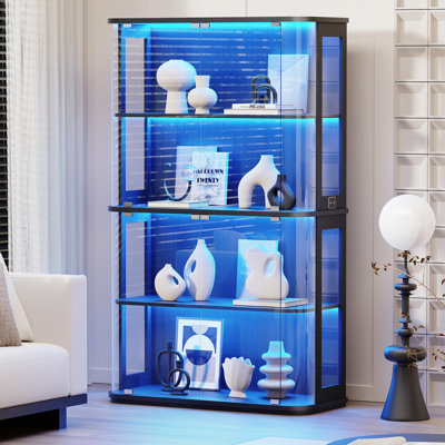 Vitrine avec porte vitrée, vitrine à 4 niveaux avec 3 lumières colorées pour objets de collection, vitrine en verre avec surface transparente, capteur de corps humain, noir