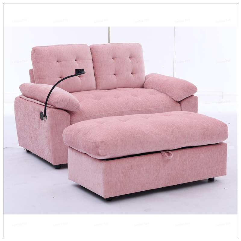 Leisure Double Sofa Recliner with Adjustable Backrest, Soft Padded Armrests, USB Charging, and Storage Ottoman, Chenille-Pink