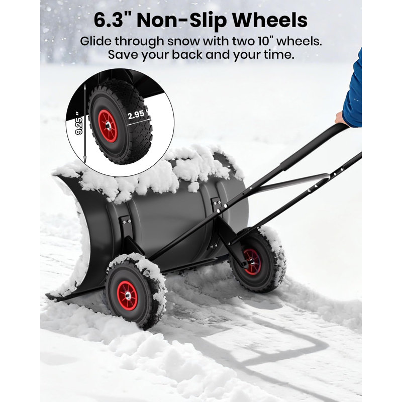 Pelle à neige robuste avec roues - Lame galvanisée réglable - Conception ergonomique à poussoir pour économiser le dos - Lame inclinée à 5 positions et roues en caoutchouc - Déneigement efficace pour l'allée, le trottoir et la porte