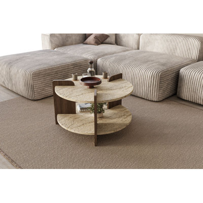 Table basse moderne, travertin et noyer, 27,6 po x 17,7 po x 27,6 po | Panneau de particules 100% enduit de mélamine, assemblage facile | Design élégant et fonctionnel pour le salon, meuble contemporain