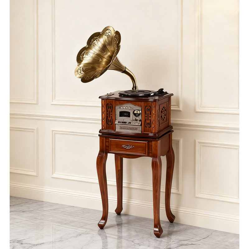 Vintage Solid Wood Gramophone with Antique Brass Horn & Bluetooth Stereo System