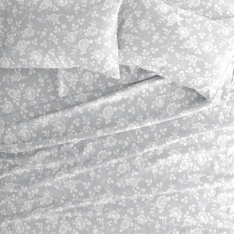 Home Rose Gray Pattern Microfiber Sheet Set, Queen Sheet Set + 1 Fitted Sheet + 2 Pillowcases