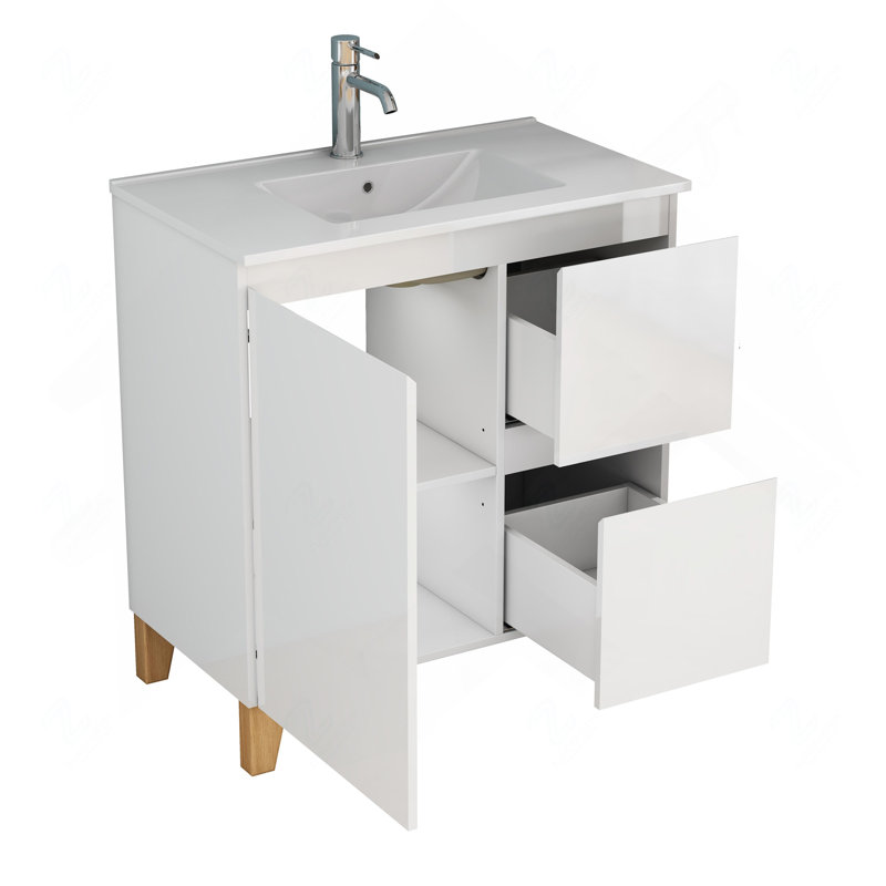 Meuble-lavabo 31,5 po blanc brillant sans poignée avec lavabo, 1 porte, 2 tiroirs et pieds en bois massif naturel