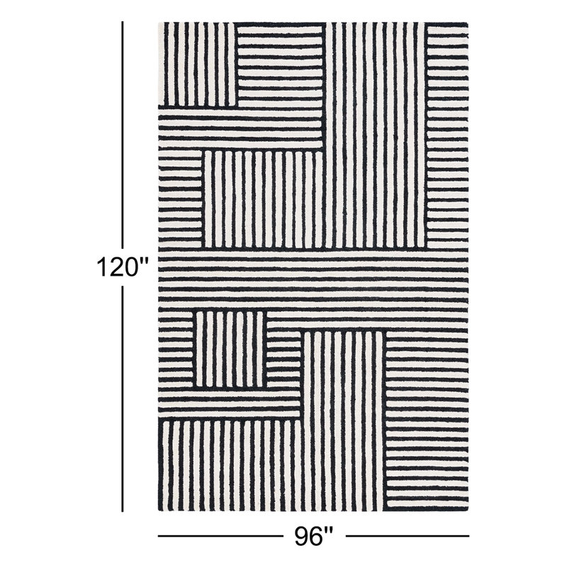 Tapis ivoire / noir en laine / coton touffeté à la main Elsbeth, Rectangle 8 pi x 10 pi