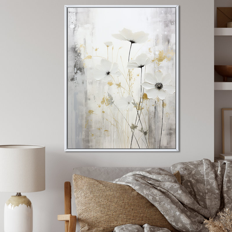 «Gray and White Herbs Minimal Harmony I», reproduction d'art sur toile, Cadre flottant blanc, H 32 po x l 16 po x P 1 po
