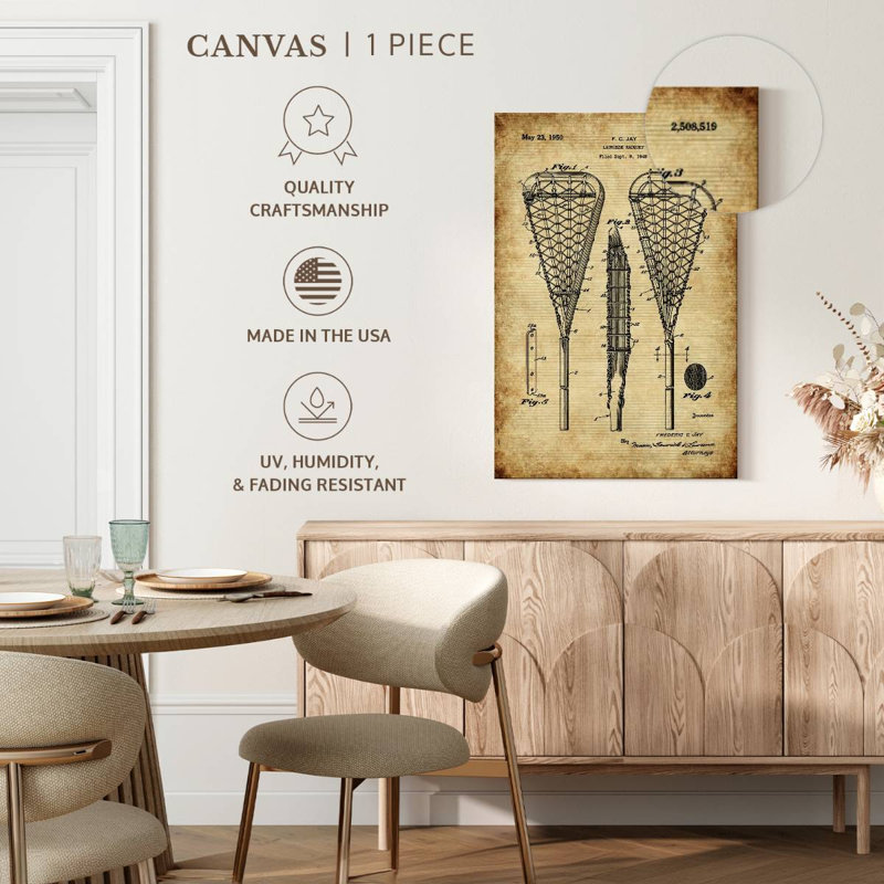 Lacrosse Racquet Brevet - reproduction d'art sur toile tendue, H 48 po x l 32 po x P 1,25 po