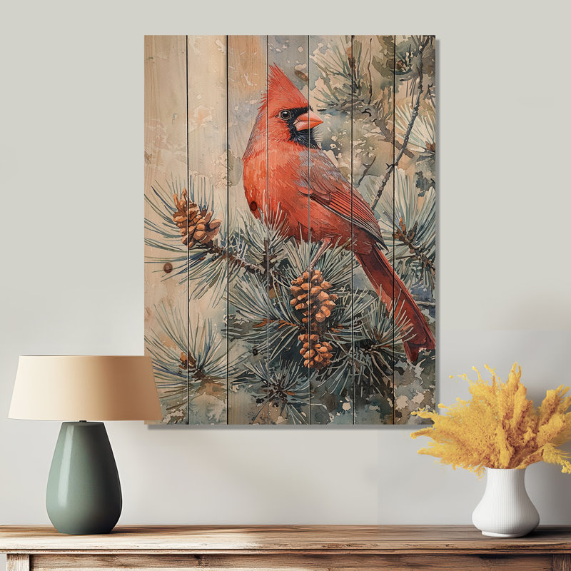 Oiseau cardinal parmi les pins III - Impression sur bois d'oiseau - sur bois de pin naturel, H 32 po x l 24 po x P 0,78 po