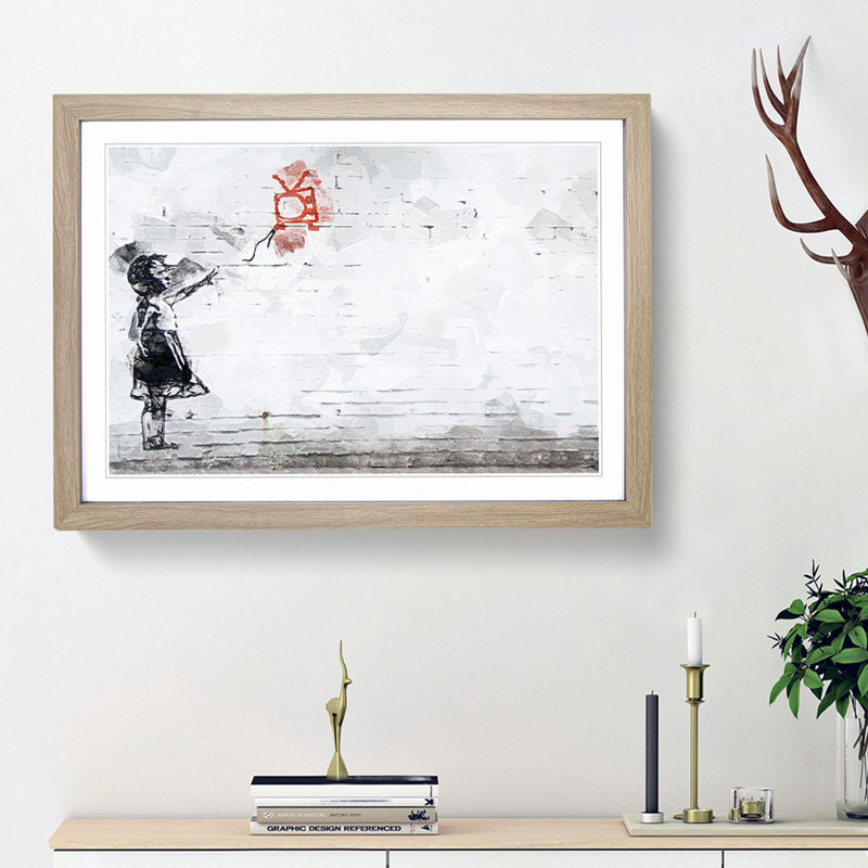 Balloon TV Girl by Banksy - Picture Frame Drawing Print on MDF, Oak Framed, 48cm H x 65cm W x 2cm D