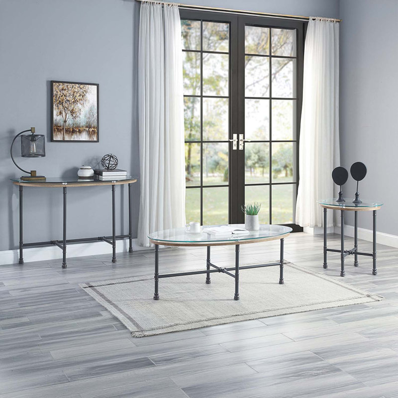 Table basse Brantley, verre transparent et finition gris sable