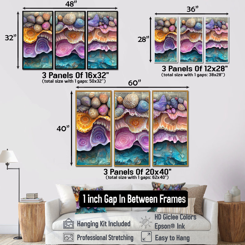 Ensemble de décorations murales roses et bleues, H 28 po x l 36 po x P 1 po, Toile avec cadre flottant noir