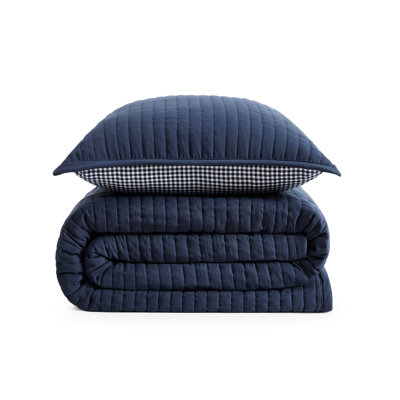 Tommy Hilfiger Solid/Gardena Check Blue Reversible Quilt Set