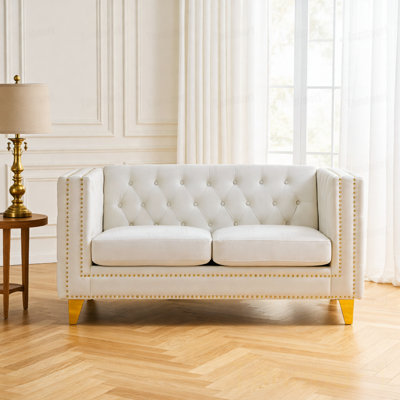 Velvet Sofa for Living Room,Buttons Tufted Square Arm Couch, Modern Couch Upholstered Button and Metal Legs, Sofa Couch for Bedroom, Velvet