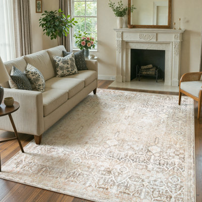 Vintage Tribal Oriental Area Rug with Non-Slip Backing - Distressed Beige Faux Cashmere Washable Rug for Bedroom & Living Room