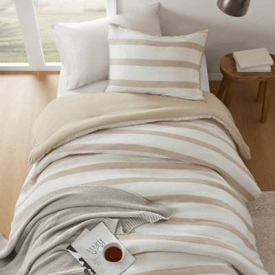 Ensemble de literie à rayures moderne teint en fil, simple / simple TG, taupe, confort toutes saisons