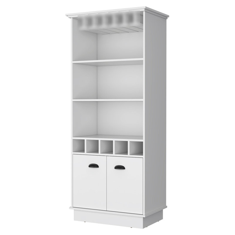 Spacious White Bar Cabinet For Supplies Storage - 3 Shelves, 5 Bottle , Glassware Stand With Organized Interior Design Shelf
