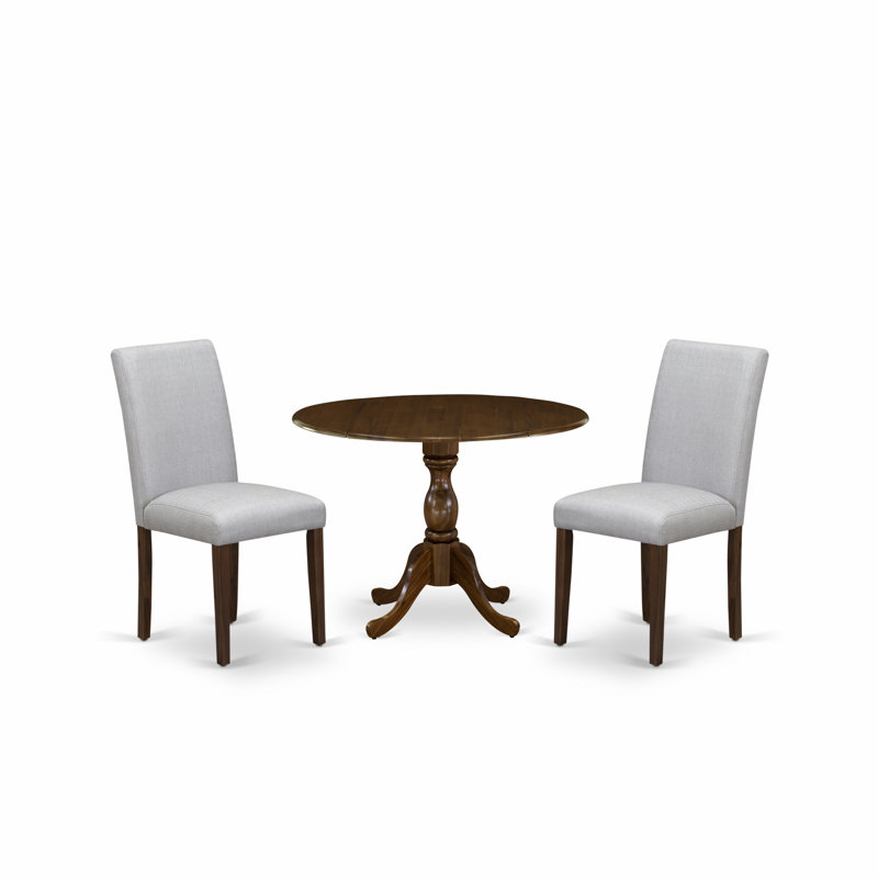Ensemble de salle à manger 3 pièces pour petits espaces comprenant une table de salle à manger ronde avec Dropleaf et 2 chaises de salle à manger Parson en tissu gris, noyer
