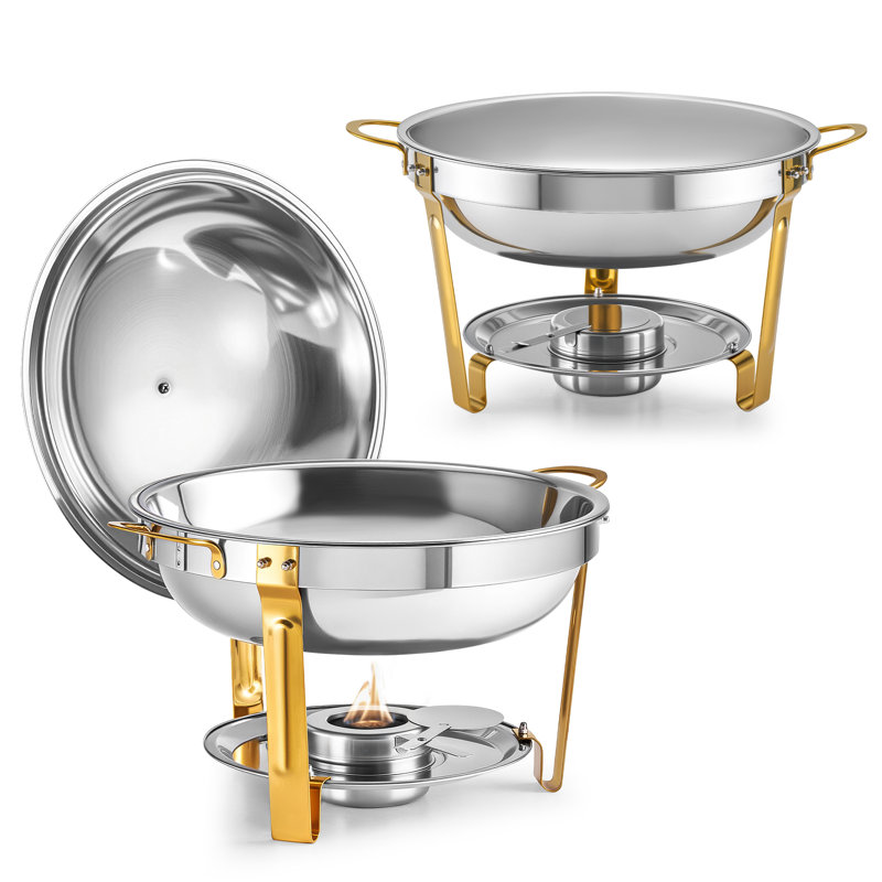 2 Pack 5 Qt. Round Chafing Dish Set with Foldable Frames & Lid Holders