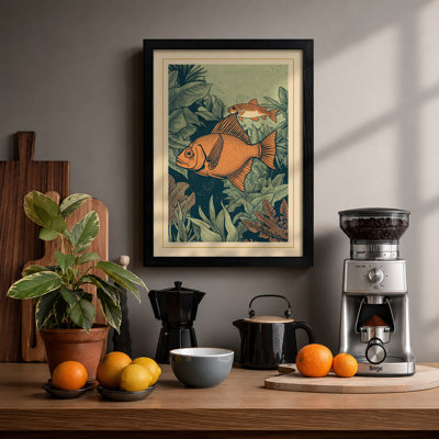 Goldfish and Water Blooms Japandi - Framed Print